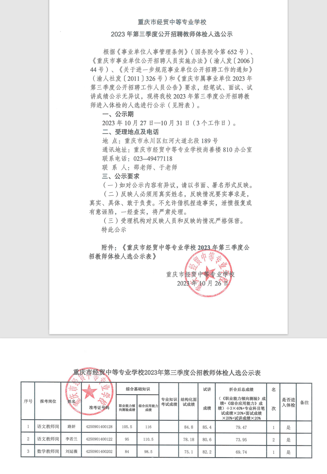 重慶市經貿中等專業(yè)學校2023年第三季度公開招聘教師體檢人選公示